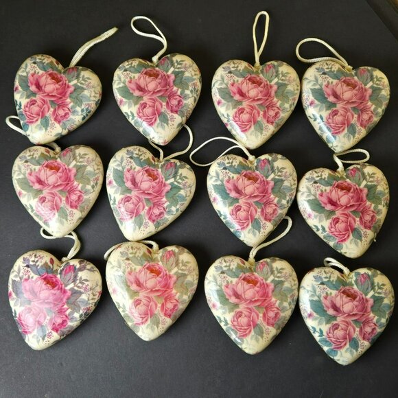 Set 12 Floral Heart Christmas Ornaments Pink Roses Vintage Style Romantic Decor - Picture 1 of 9
